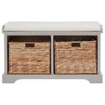 Gray Bench with Woven Storage Baskets