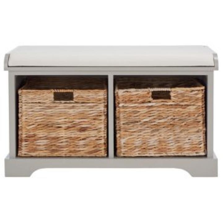Gray Bench with Woven Storage Baskets