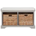 Gray Bench with Woven Storage Baskets