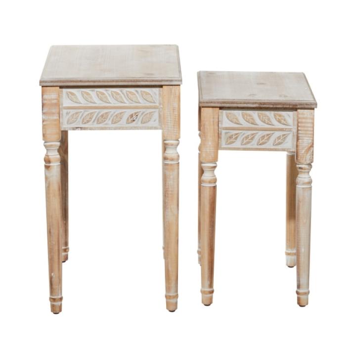 Natural Wood Carved Leaf Accent Tables, Set of 2