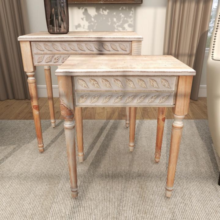 Natural Wood Carved Leaf Accent Tables, Set of 2