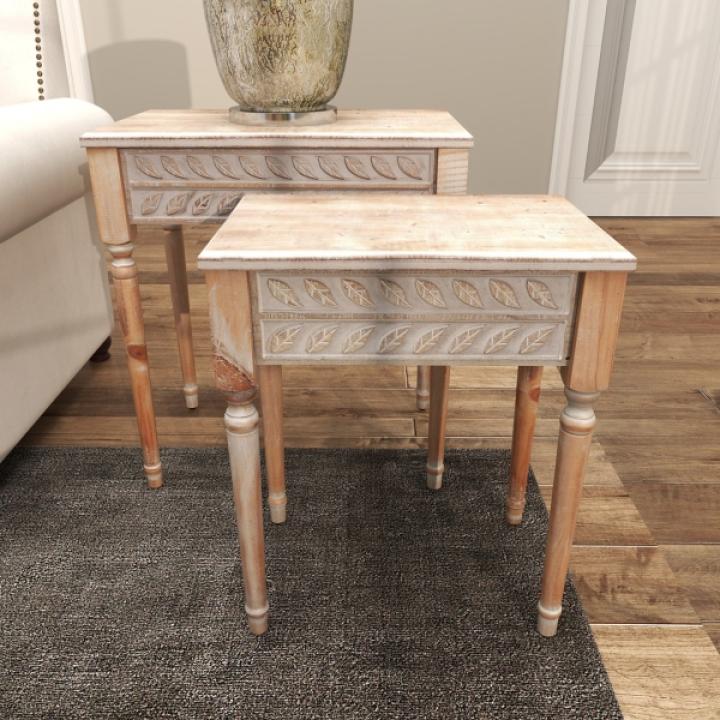 Natural Wood Carved Leaf Accent Tables, Set of 2