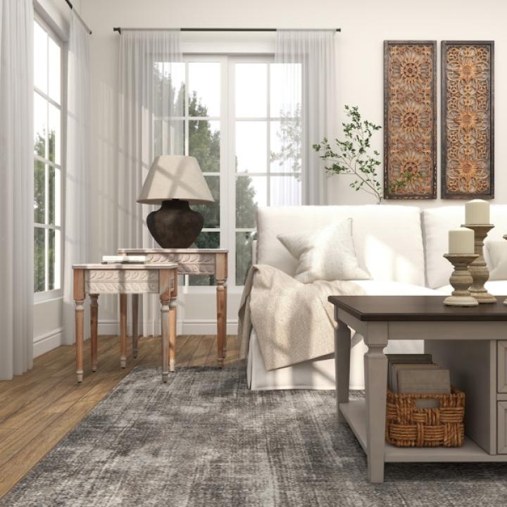 Natural Wood Carved Leaf Accent Tables, Set of 2