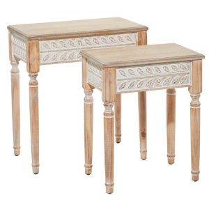 Natural Wood Carved Leaf Accent Tables, Set of 2