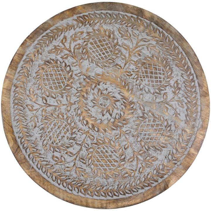 Round Antique Gray Engraved Accent Table