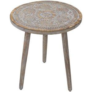 Round Antique Gray Engraved Accent Table