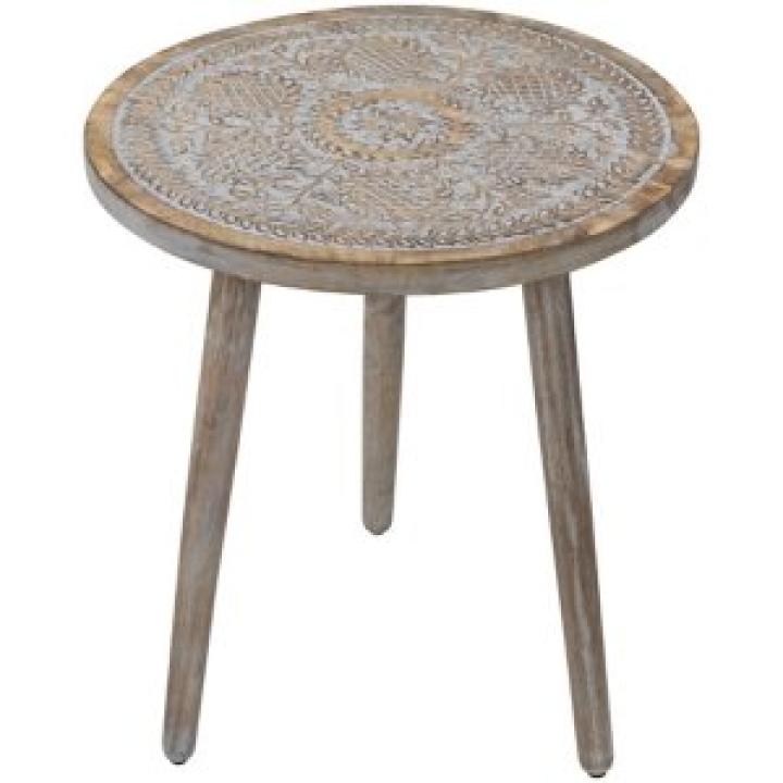 Round Antique Gray Engraved Accent Table