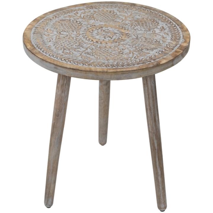 Round Antique Gray Engraved Accent Table