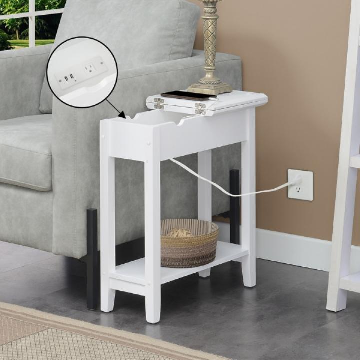 White Flip Top Charging Accent Table