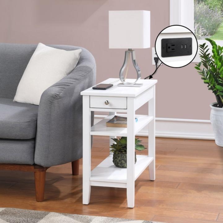 White 2-Shelf Charging Accent Table