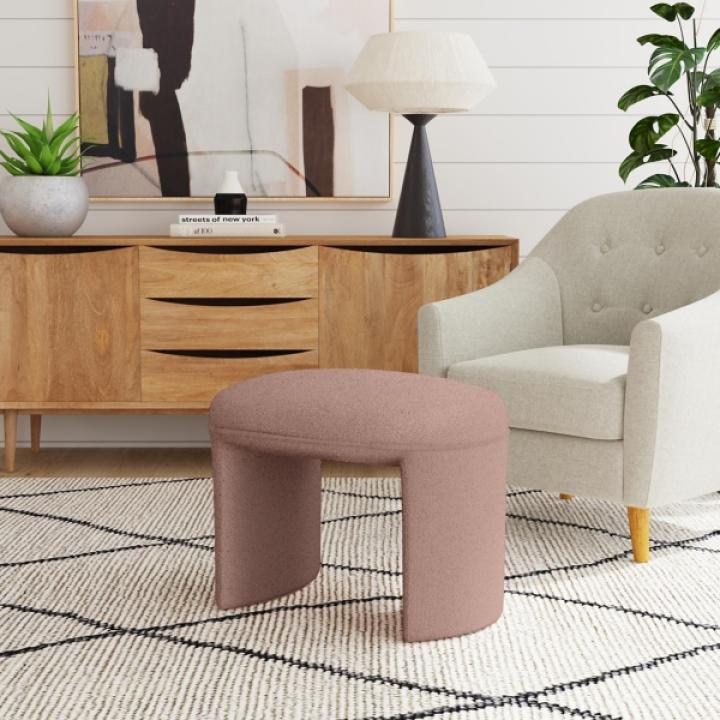 Pink Boucle Oval Upholstered Ottoman