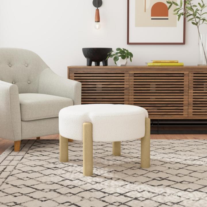 Cream Boucle Natural Wood Ottoman