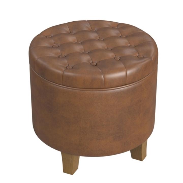 Brown Faux Leather Tufted Storage Ottoman