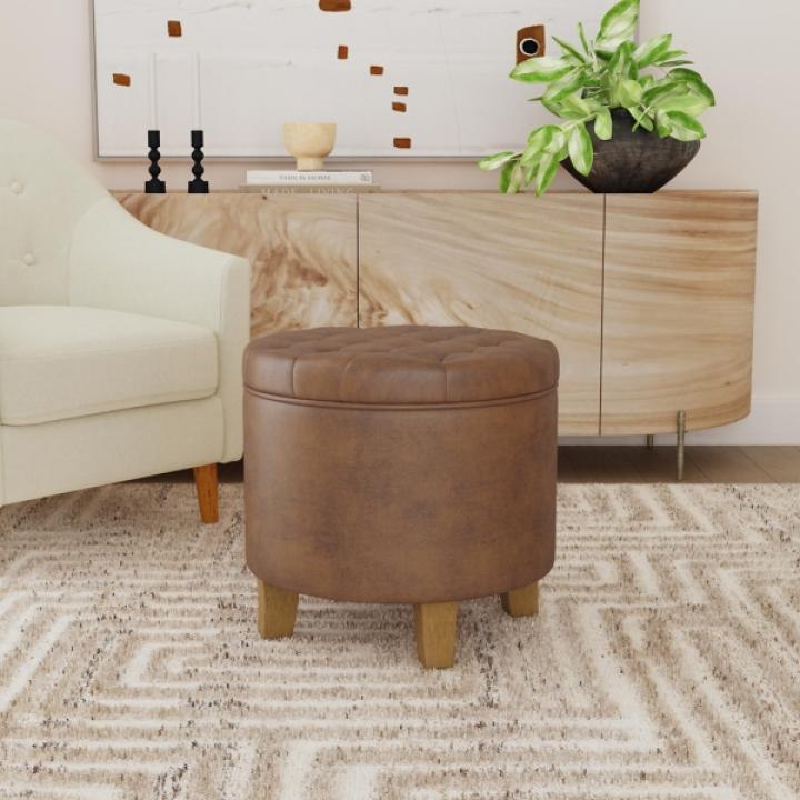 Brown Faux Leather Tufted Storage Ottoman