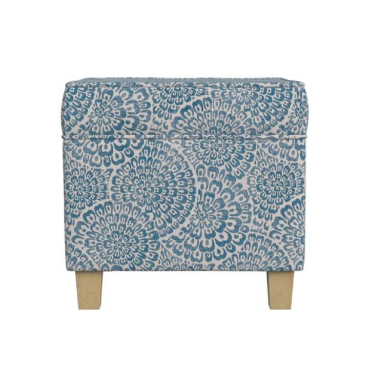 Blue Floral Upholstered Square Storage Ottoman