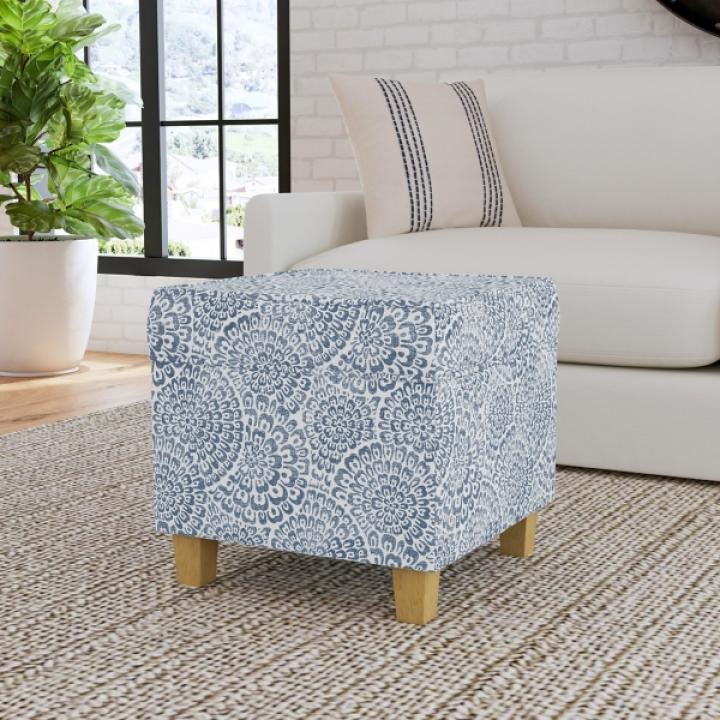 Blue Floral Upholstered Square Storage Ottoman