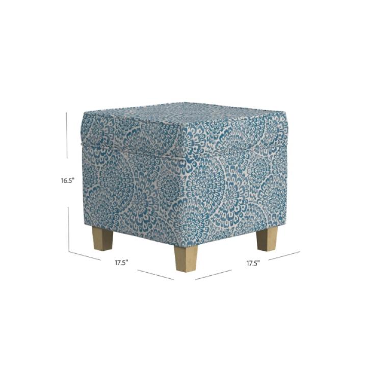 Blue Floral Upholstered Square Storage Ottoman