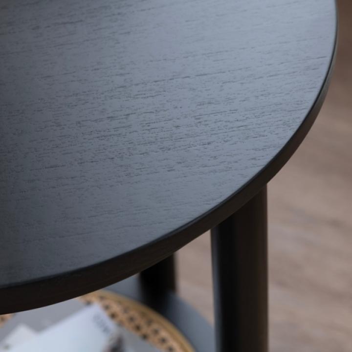 Black Wood and Rattan Boho Accent Table