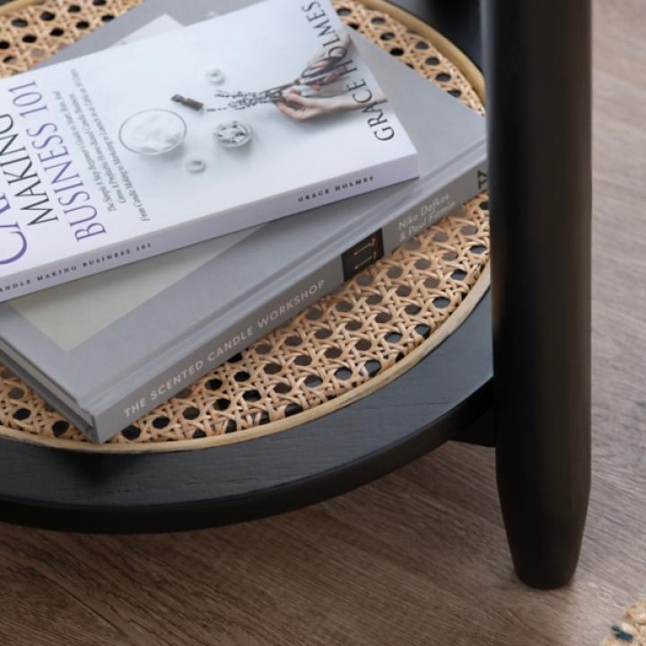 Black Wood and Rattan Boho Accent Table