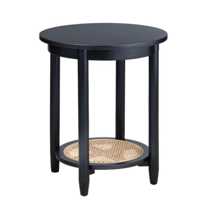 Black Wood and Rattan Boho Accent Table