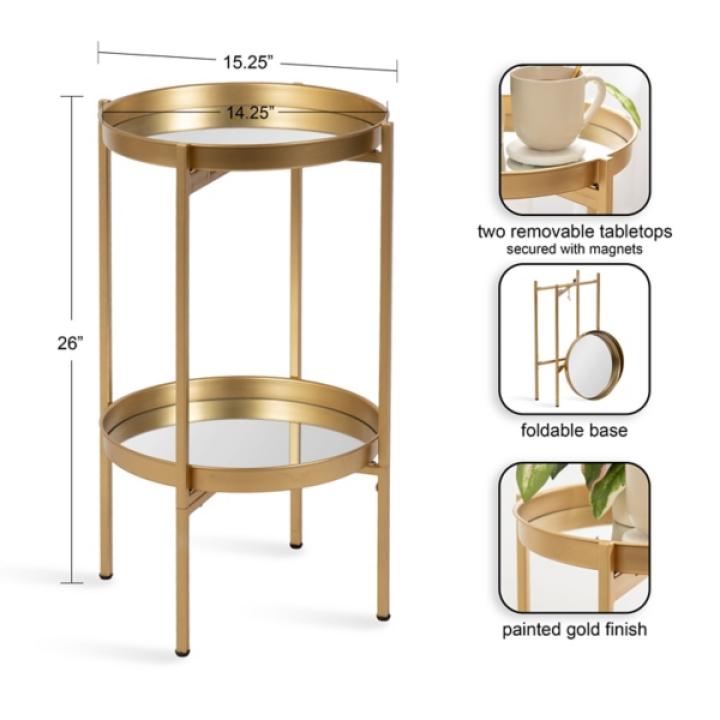 Round Gold Mirrored Foldable Accent Table