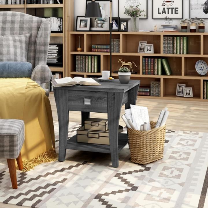 Charcoal Wood Single Drawer Side Table
