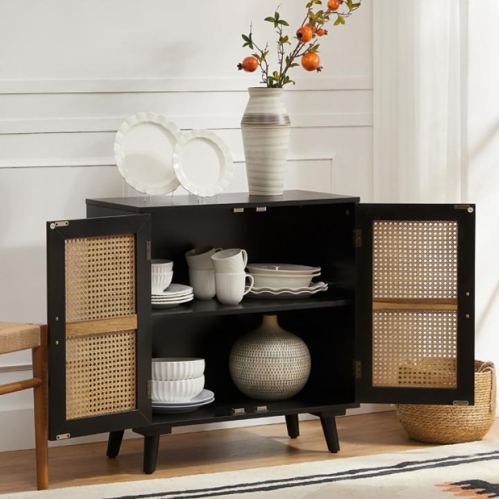 Black Wood and Rattan Carpinteria Cabinet