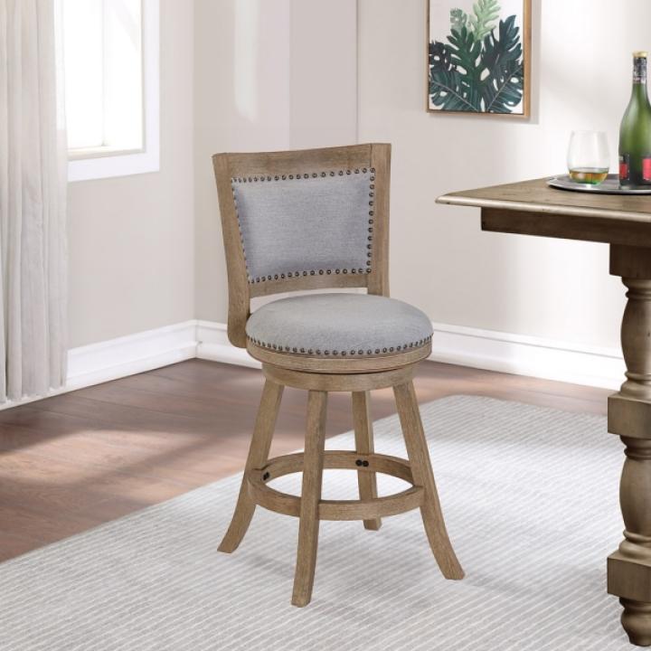 Gray Linen and Driftwood Swivel Counter Stool