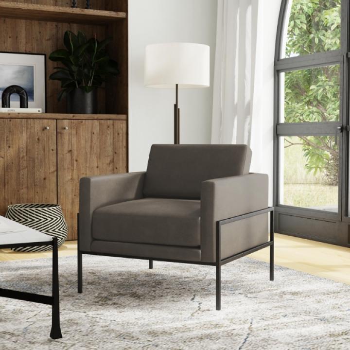 Gray Faux Leather Black Metal Accent Chair