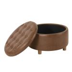 Brown Round Faux Leather Tufted Storage Ottoman