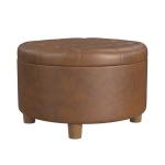 Brown Round Faux Leather Tufted Storage Ottoman