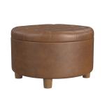 Brown Round Faux Leather Tufted Storage Ottoman