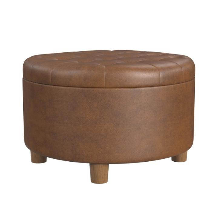 Brown Round Faux Leather Tufted Storage Ottoman