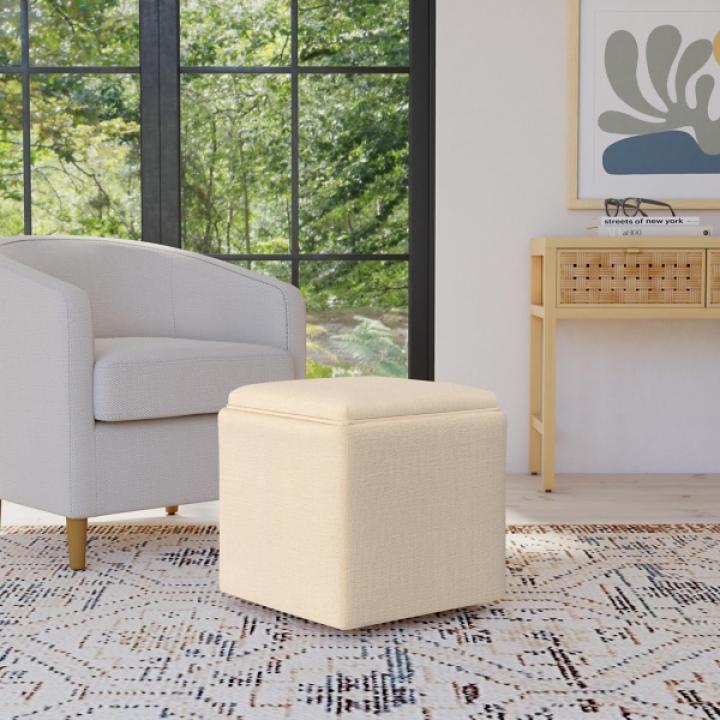 Cream Upholstered Storage Ottoman with Tray Top