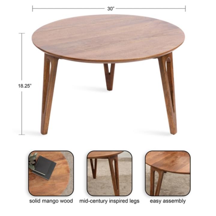 Walnut Brown Mango Wood Round Kershaw Coffee Table