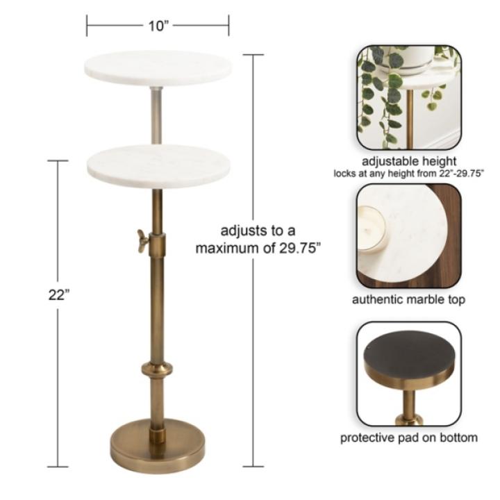 Antique Brass and White Marble Adjustable Table