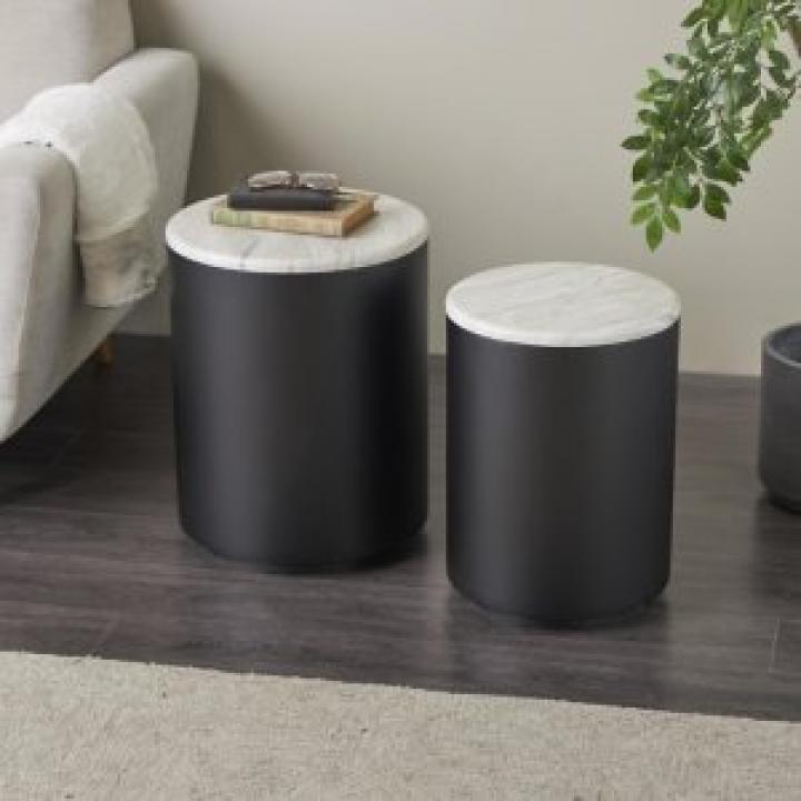 Black Metal Marble Nesting Accent Tables, Set of 2