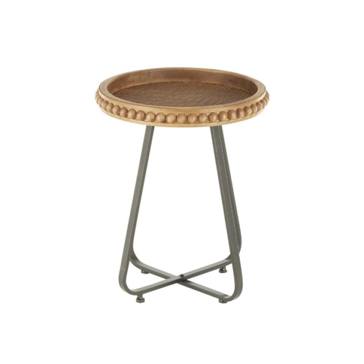 Beaded Wood Rattan Round Accent Table