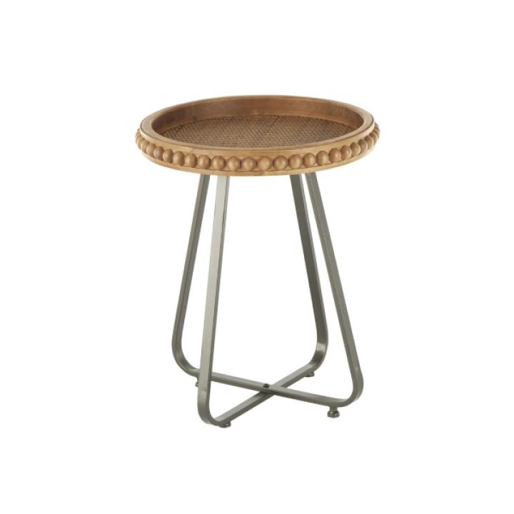 Beaded Wood Rattan Round Accent Table