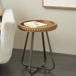Beaded Wood Rattan Round Accent Table