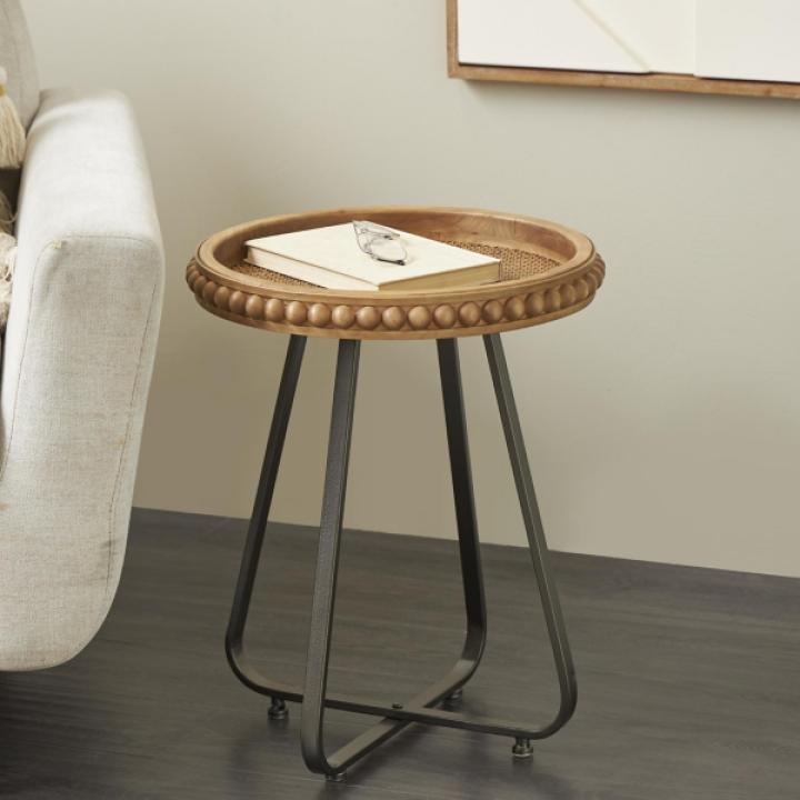 Beaded Wood Rattan Round Accent Table
