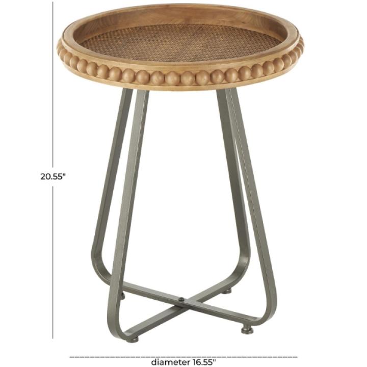 Beaded Wood Rattan Round Accent Table