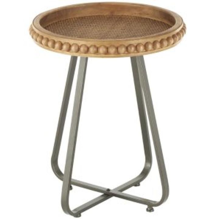 Beaded Wood Rattan Round Accent Table