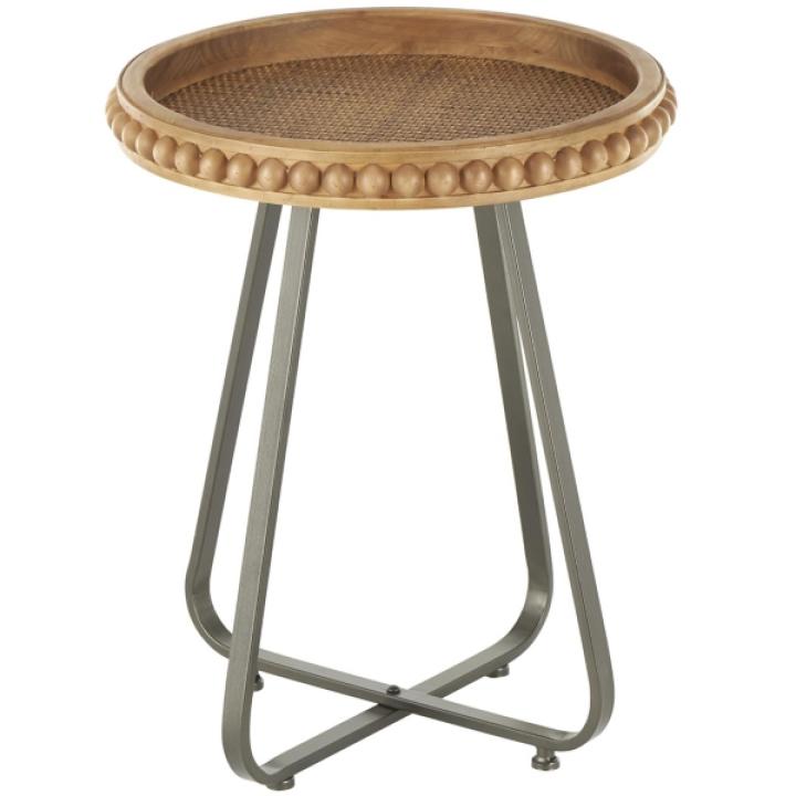Beaded Wood Rattan Round Accent Table