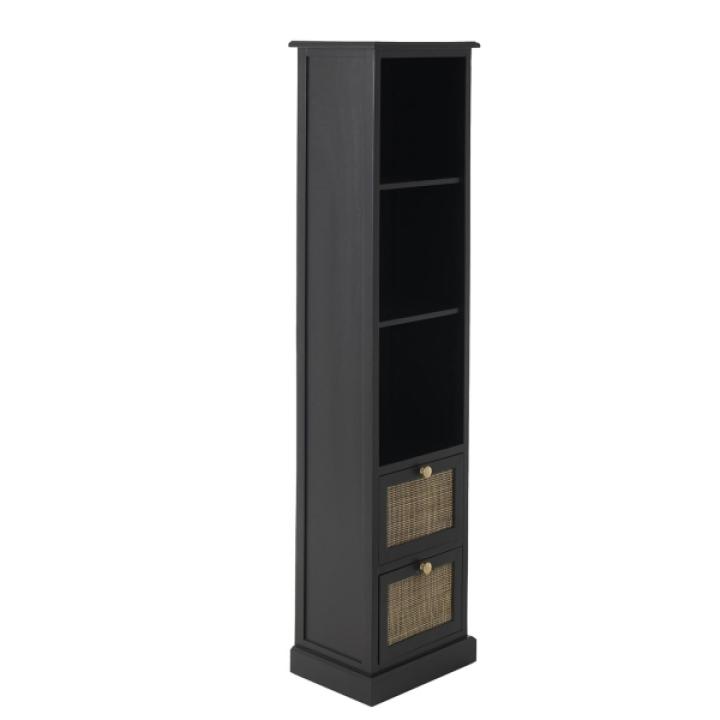 Black Wood and Rattan 3-Tier Bookcase