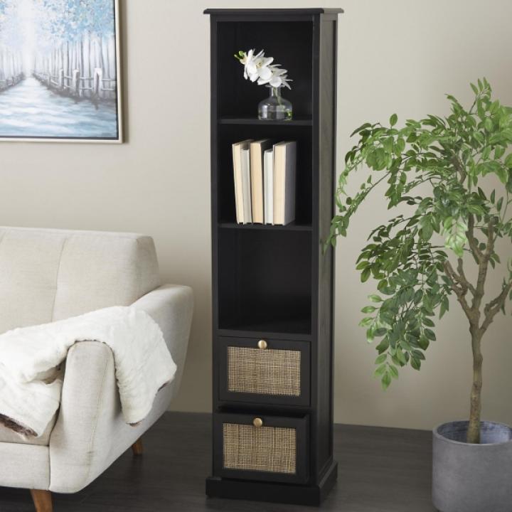 Black Wood and Rattan 3-Tier Bookcase