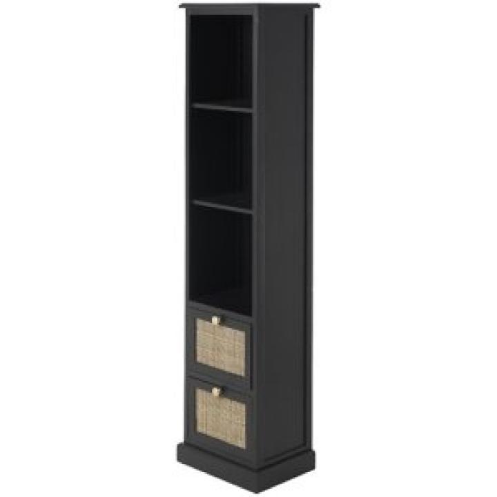 Black Wood and Rattan 3-Tier Bookcase