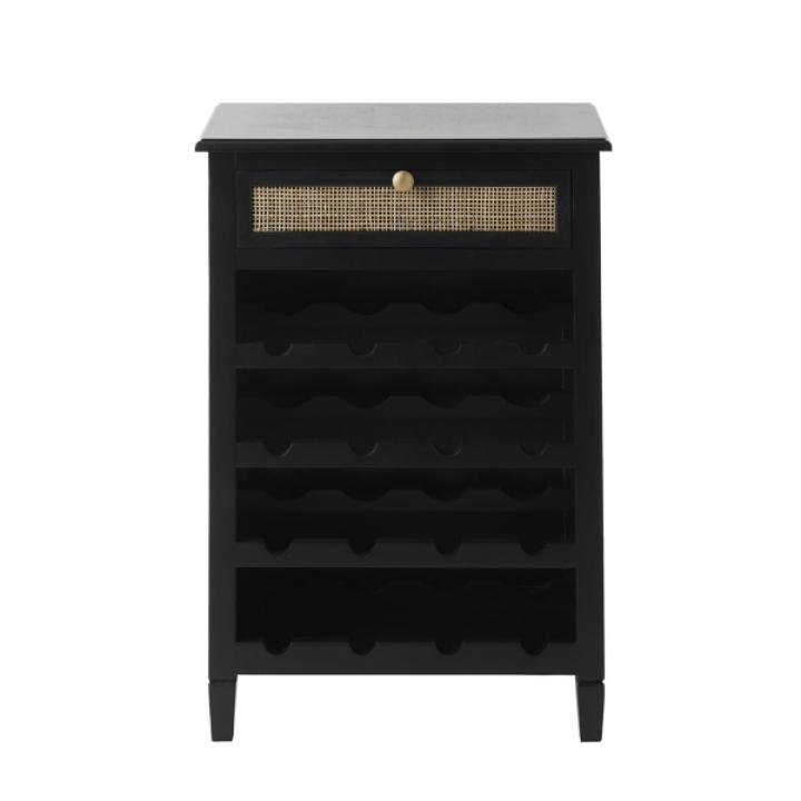 Black Wood & Natural Rattan Wine Bottle Cabinet