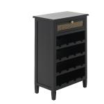 Black Wood & Natural Rattan Wine Bottle Cabinet