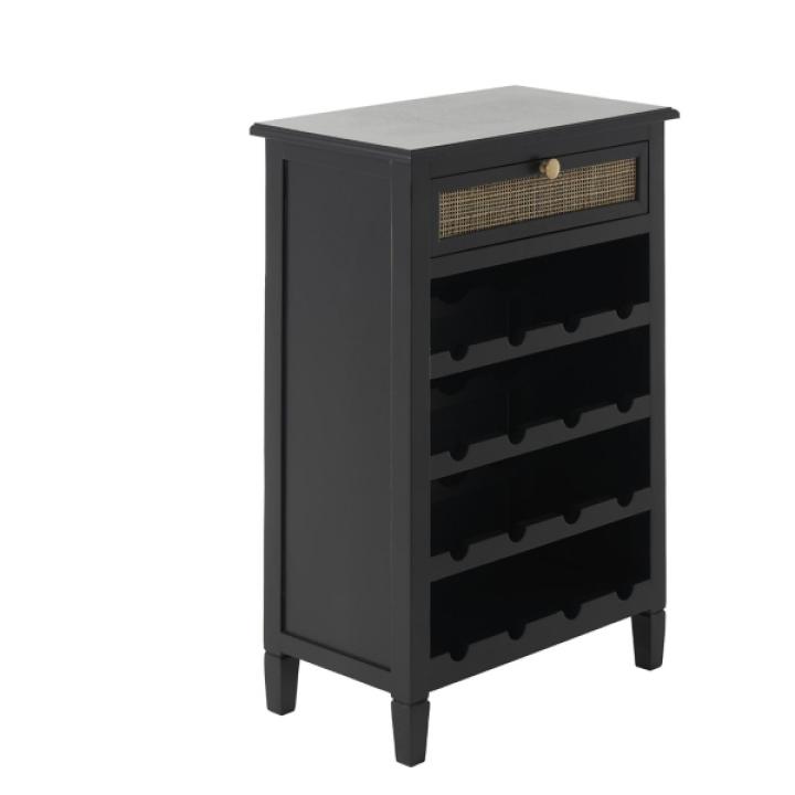 Black Wood & Natural Rattan Wine Bottle Cabinet